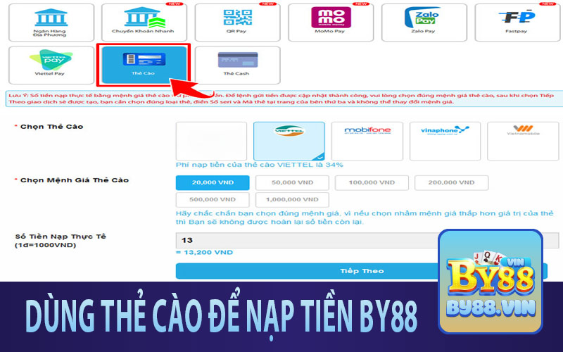 Nạp tiền vào cổng game BY88 qua thẻ cào